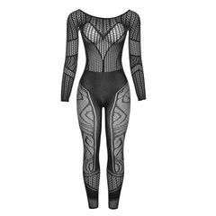 Long sleeve hollow out solid fishnet see through jumpsuit - Final Sale