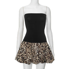 Leopard print patchwork ruched tube mini dress