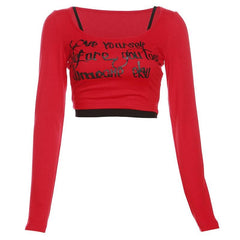 Letter print contrast long sleeve 2 piece crop top - Final Sale