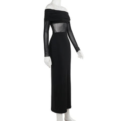 Long sleeve off shoulder mesh patchwork maxi dress