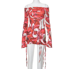 Long flared sleeve off shoulder print mini skirt set