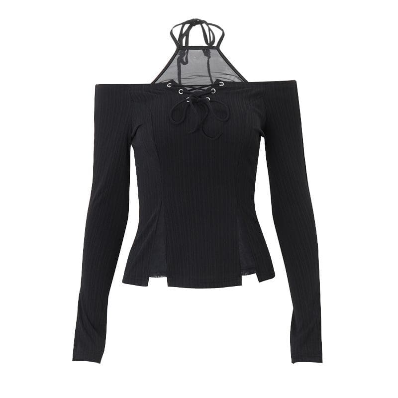 Long sleeve halter off shoulder lace up patchwork top