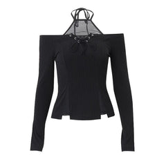 Long sleeve halter off shoulder lace up patchwork top