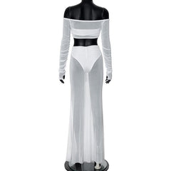 Long sleeve off shoulder ruched mesh maxi skirt set