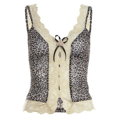 Leopard print lace bowknot rose applique cami top