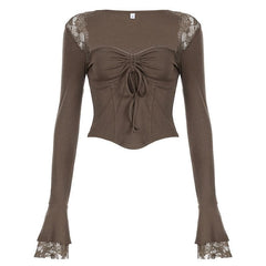 Long flared sleeve drawstring ruched lace top