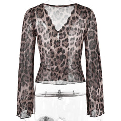 Long sleeve leopard print v neck lace button top