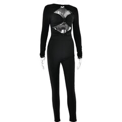 Long sleeve hollow out ruched solid jumpsuit