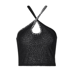 Leopard print cross front hollow out cami cut out top