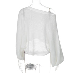 Long puff sleeve knitted one shoulder see through top