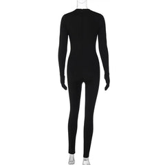 Long sleeve hollow out gloves solid zip-up jumpsuit