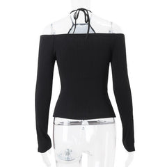 Long sleeve halter off shoulder lace up patchwork top