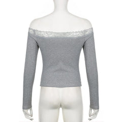 Long sleeve off shoulder ribbed heart pattern lace hem top