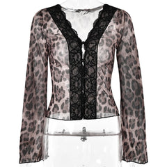 Long sleeve leopard print v neck lace button top