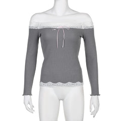 Long sleeve off shoulder ruffle lace hem bowknot ribbed top