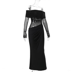 Long sleeve off shoulder mesh ruched maxi dress
