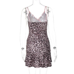 Leopard print v neck lace hem cami mini dress