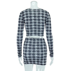 Long sleeve contrast plaid round neck zip-up skirt set - Final Sale