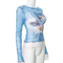 Long sleeve heart pattern ruffle sheer mesh top