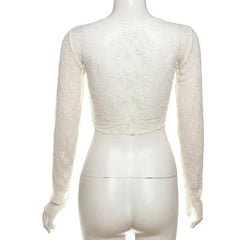 Long sleeve lace flower applique crop top