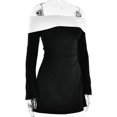 Long sleeve off shoulder patchwork backless mini dress
