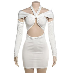 Long sleeve halter hollow out solid cut out mini dress