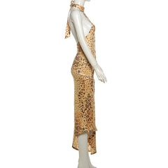 Leopard print halter self tie irregular backless maxi dress