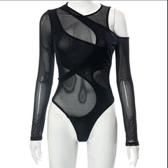 Long sleeve off shoulder irregular sheer mesh bodysuit