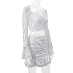 Long flared sleeve sweetheart neck lace ruched ruffle mini skirt set