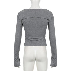 Long sleeve lace hem bowknot top