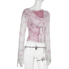 Long flared sleeve v neck mesh flower print top