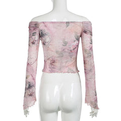 Long sleeve off shoulder mesh print top