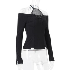 Long sleeve halter off shoulder lace up patchwork top