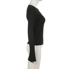 Long flared sleeve crewneck ribbed ruffle solid top