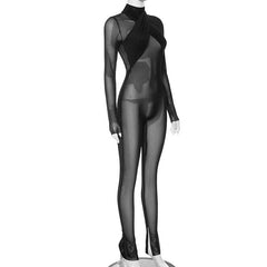 Long sleeve high neck cross front mesh see through jumpsuit