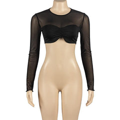 Long sleeve crewneck mesh ruched crop top