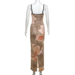 Leopard print u neck backless slit cami maxi dress