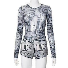 Long sleeve abstract mesh see through pant set