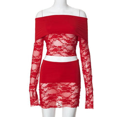 Long sleeve off shoulder lace see through mini skirt set
