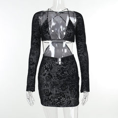 Long sleeve butterfly print o ring 2 piece mini dress