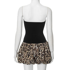 Leopard print patchwork ruched tube mini dress