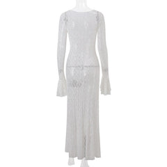 Long flared sleeve lace see through maxi dress