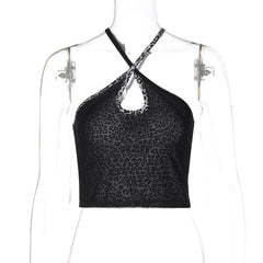 Leopard print cross front hollow out cami cut out top