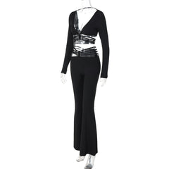Long sleeve o ring button wide leg low rise pant set