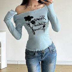 Long sleeve off shoulder letter print top