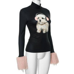 Long sleeve high neck fluffy dog pattern top