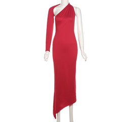 Long sleeve halter irregular one shoulder maxi dress