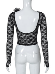 Long sleeve lace flower applique backless top