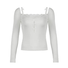 Long sleeve off shoulder lace hem bowknot top
