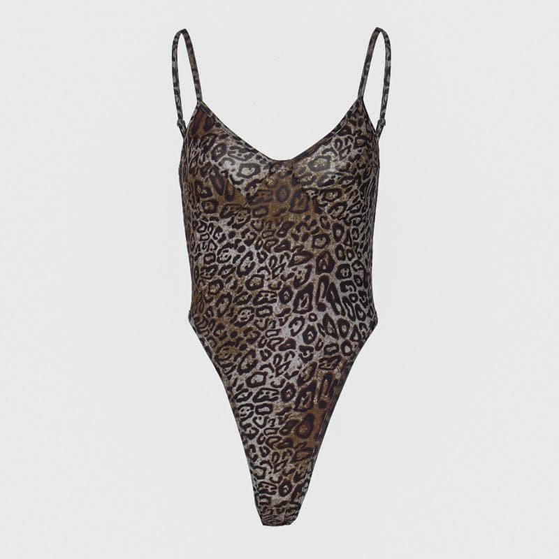 Leopard print v neck backless cami bodysuit